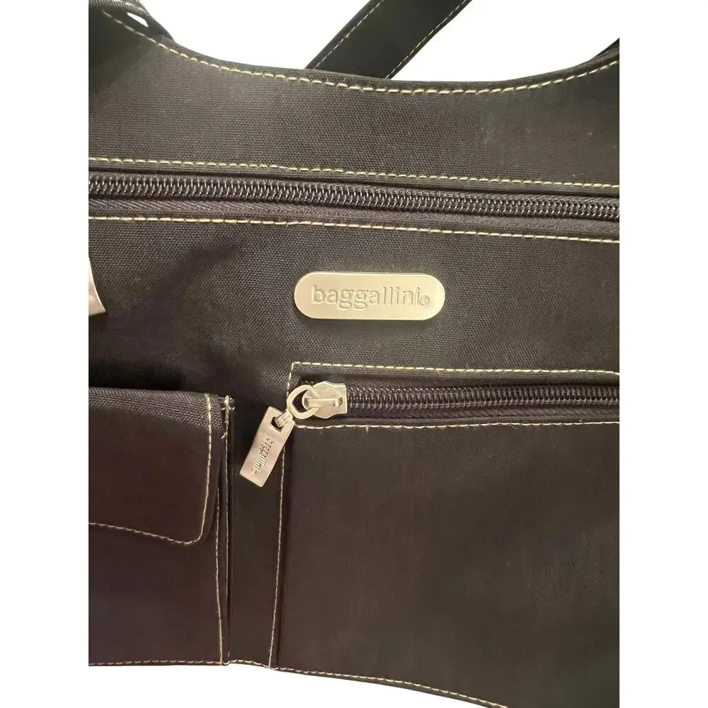 Baggallini City Bagg Black grunge nylon organizer travel crossbody hobo bag